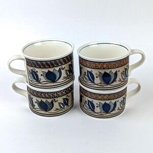 Mikasa Intaglio Arabella CAC01 Coffee Mugs Set of 4 Blue Floral Stoneware Cups